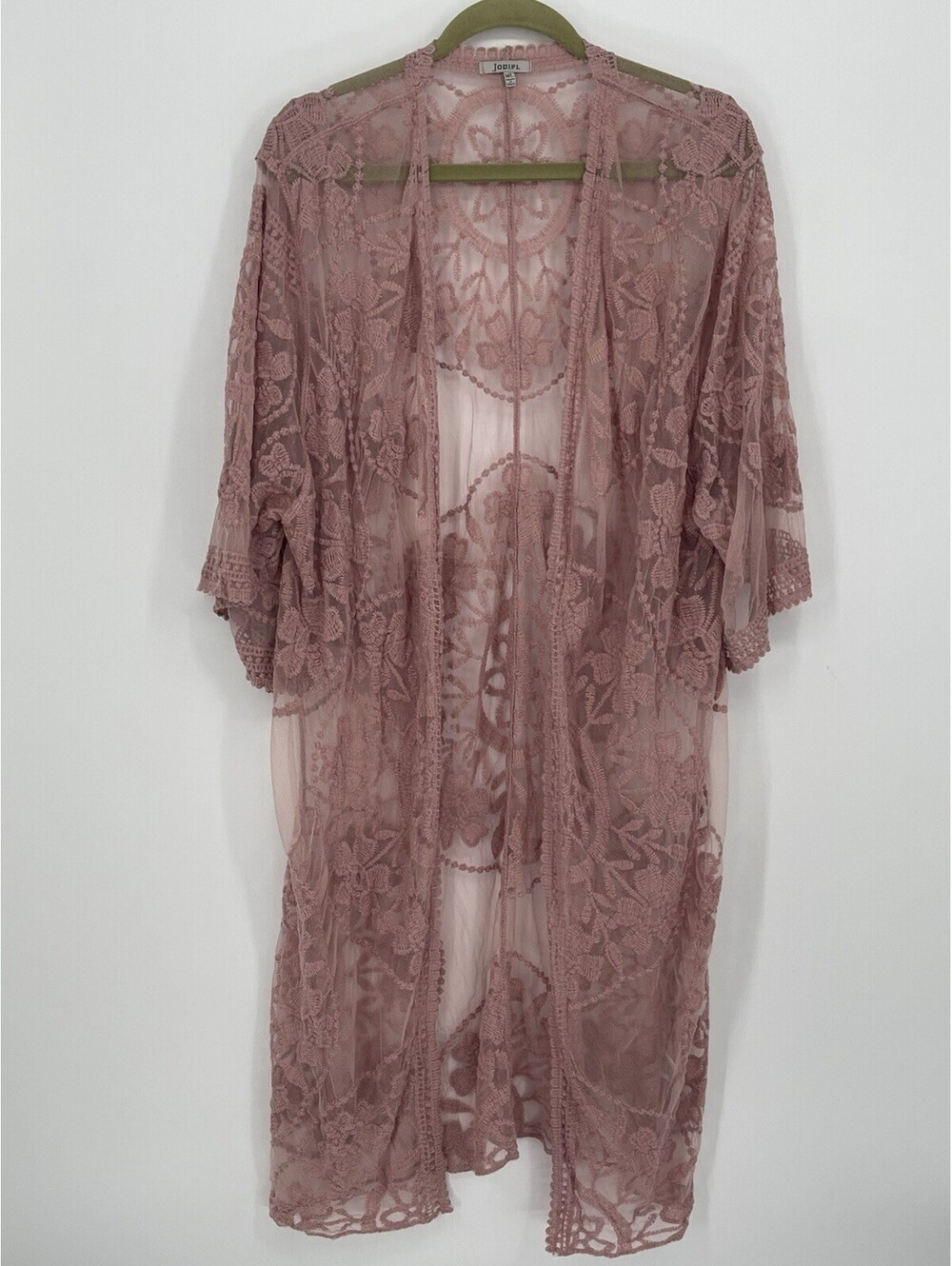 Jodifl Pink Embroidered Lace Duster M/L Boho Sheer Floral Kimono